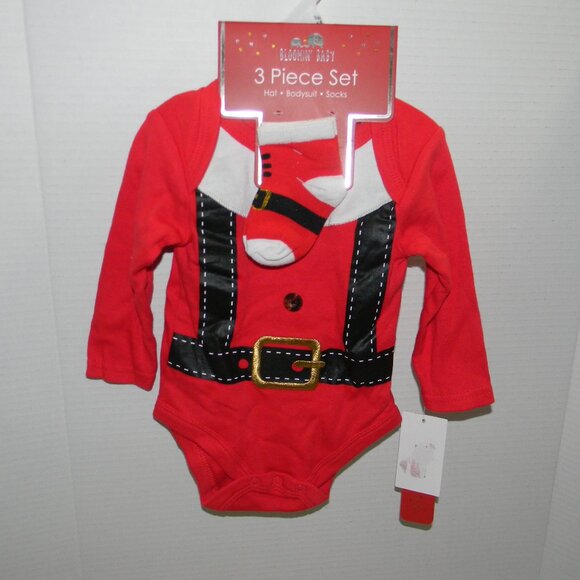 Bloomin' Baby Christmas Bodysuit Hat Socks Set 3-6 Months NWT Red Santa Suit - Picture 1 of 5